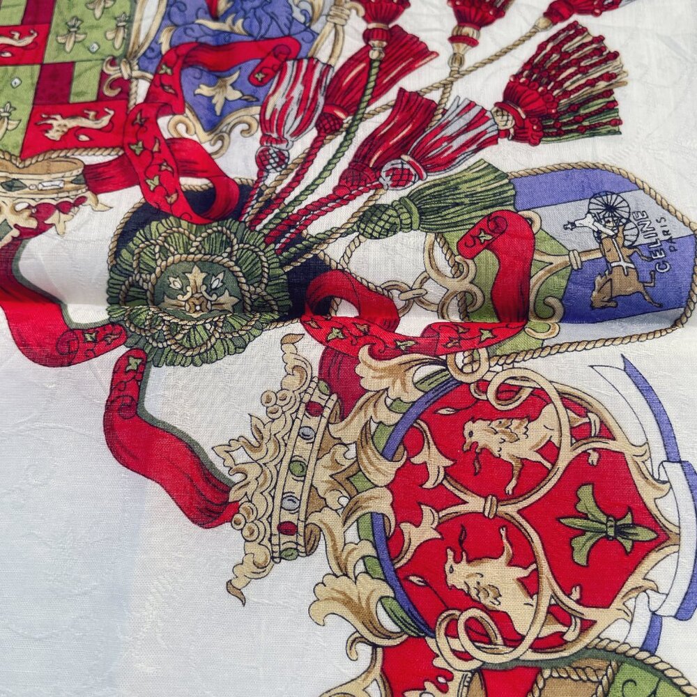 CELINE Paris Vintage Cotton Scarf Heraldic Crest Tassel Equestrian 20” Square - Picture 5 of 14